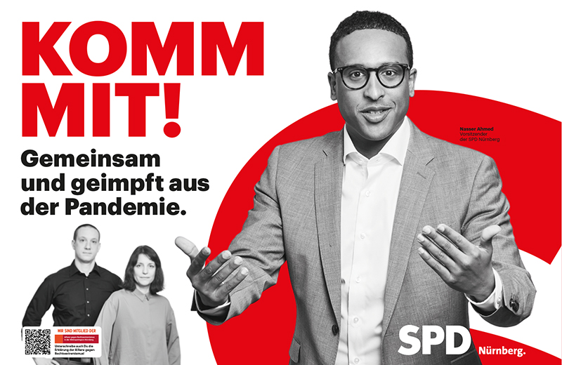 SPD-Vorsitzender Nasser Ahmed auf dem Großflächenplakatmotiv gegen Querdenker
